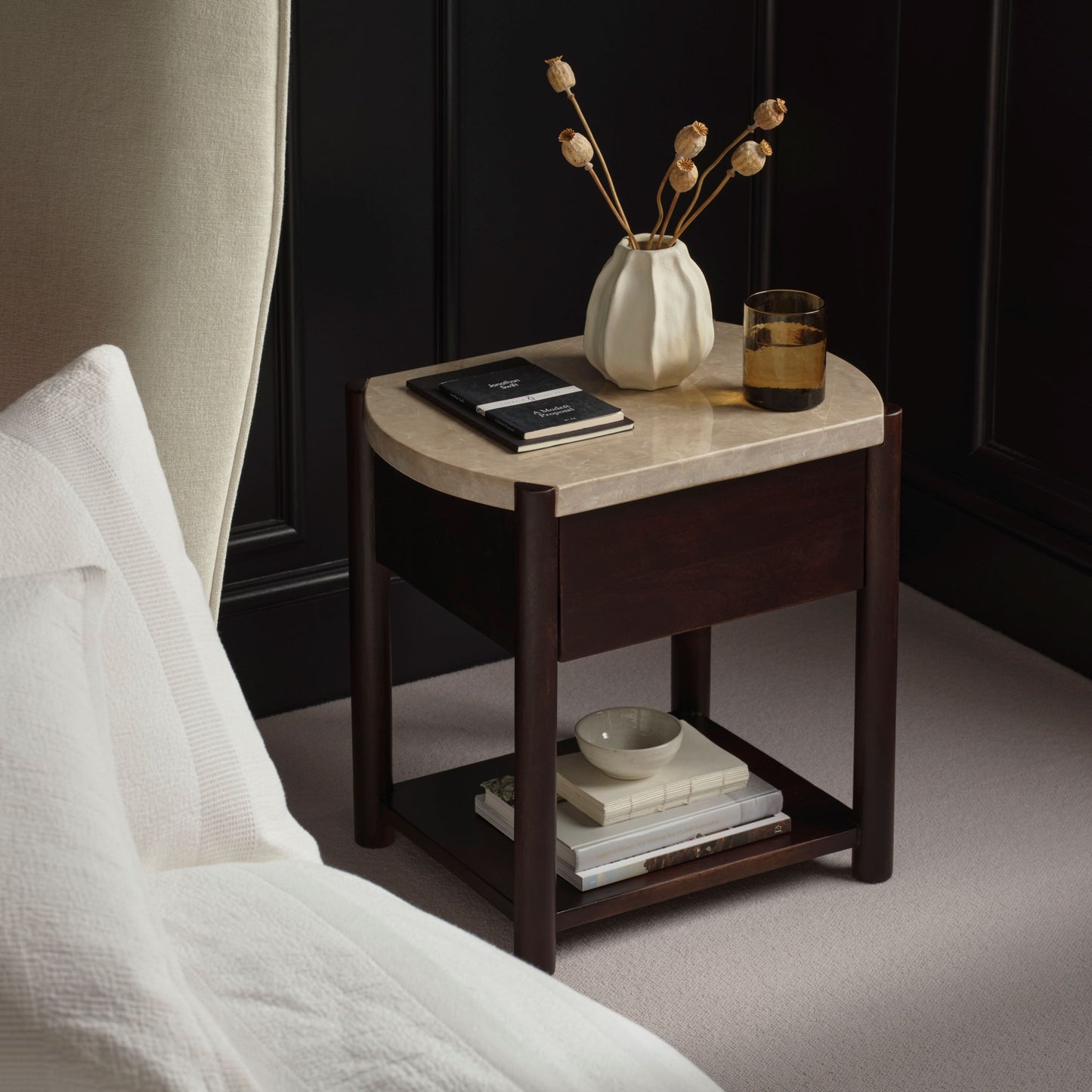 Viola 1 Drawer Bedside Table - Lady Grey Marble & Coffee Brown Mango Wood - Laura James 