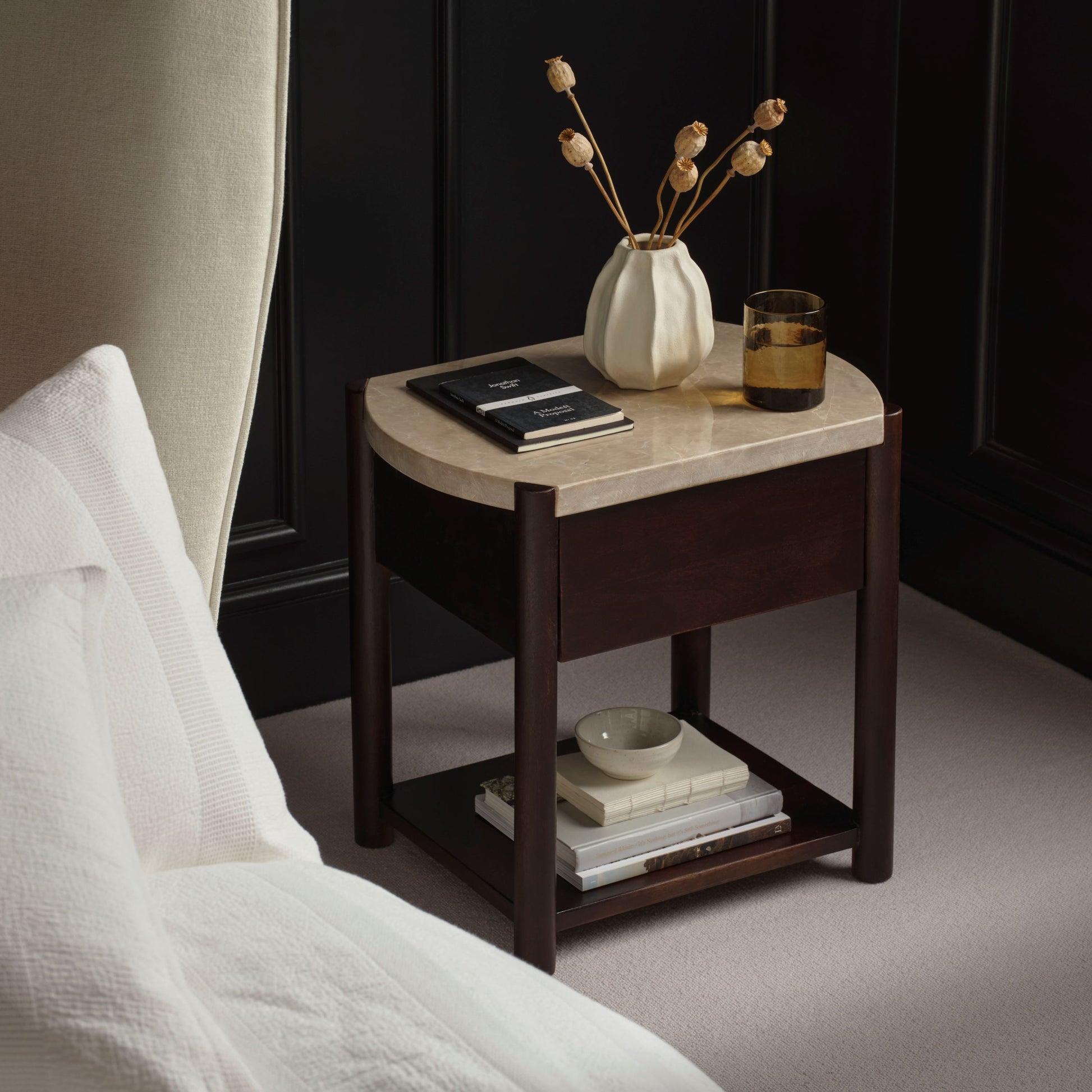 Viola 1 Drawer Bedside Table - Lady Grey Marble & Coffee Brown Mango Wood - Laura James 