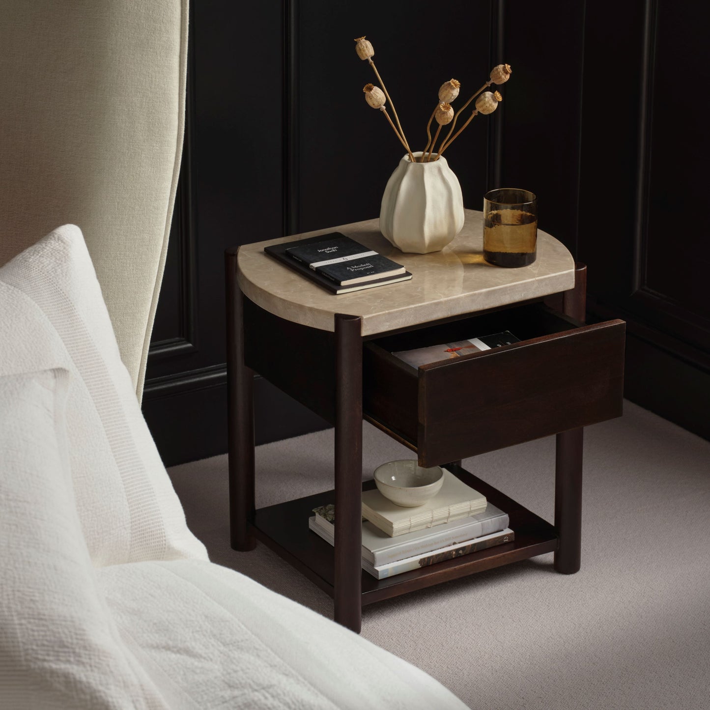 Viola 1 Drawer Bedside Table - Lady Grey Marble & Coffee Brown Mango Wood - Laura James 