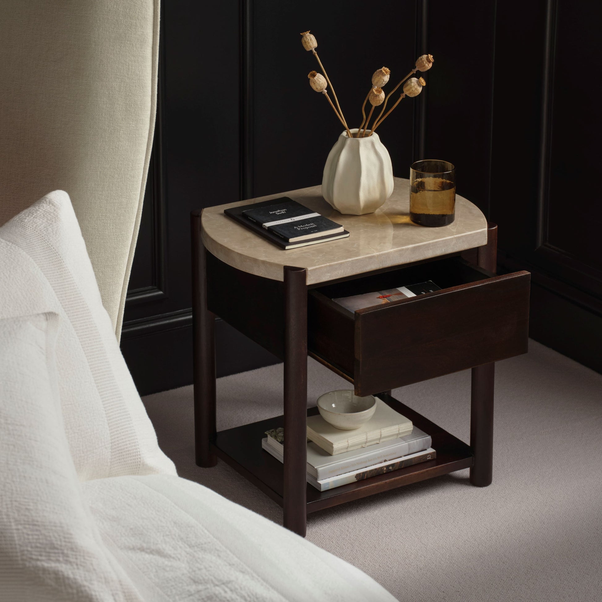 Viola 1 Drawer Bedside Table - Lady Grey Marble & Coffee Brown Mango Wood - Laura James 