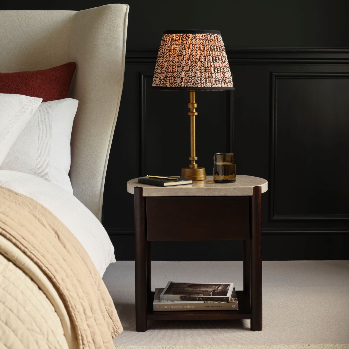 Viola 1 Drawer Bedside Table - Lady Grey Marble & Coffee Brown Mango Wood - Laura James 