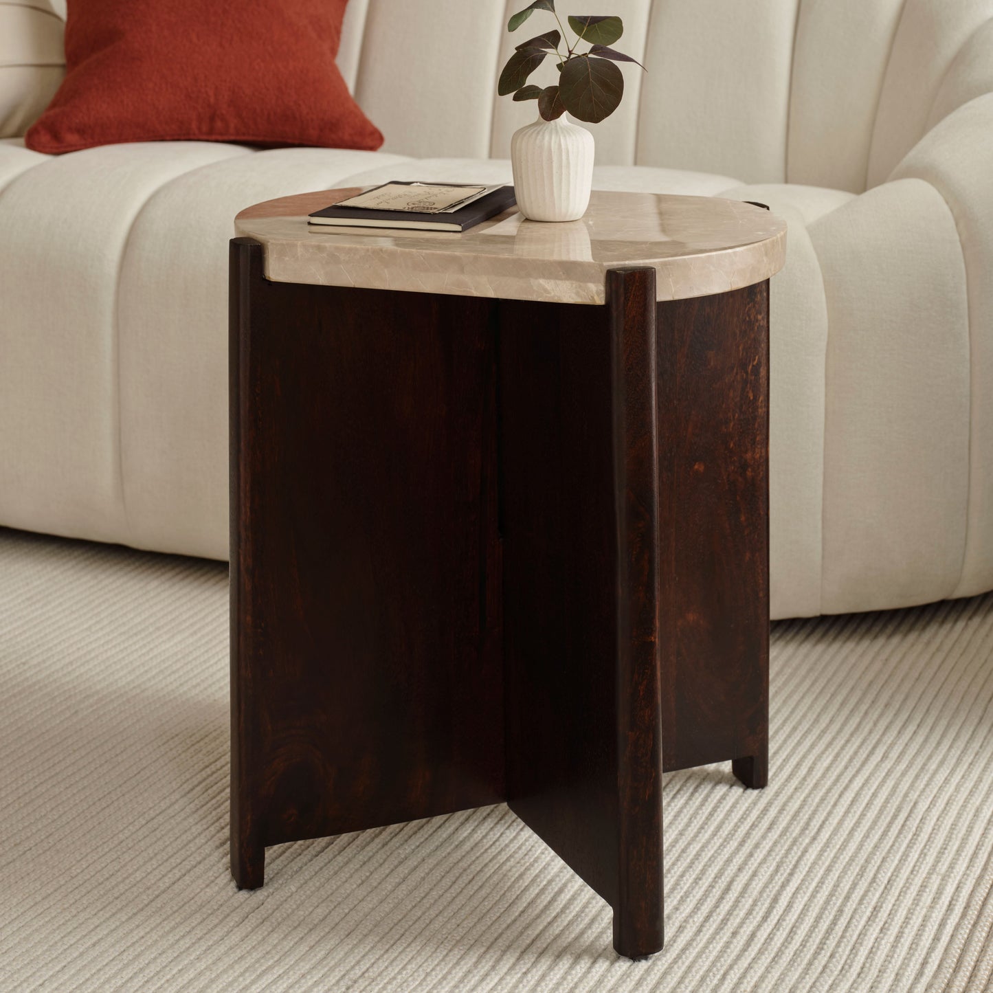 Viola Lady Grey Marble & Coffee Brown Mango Wood Oval Side Table - Laura James 