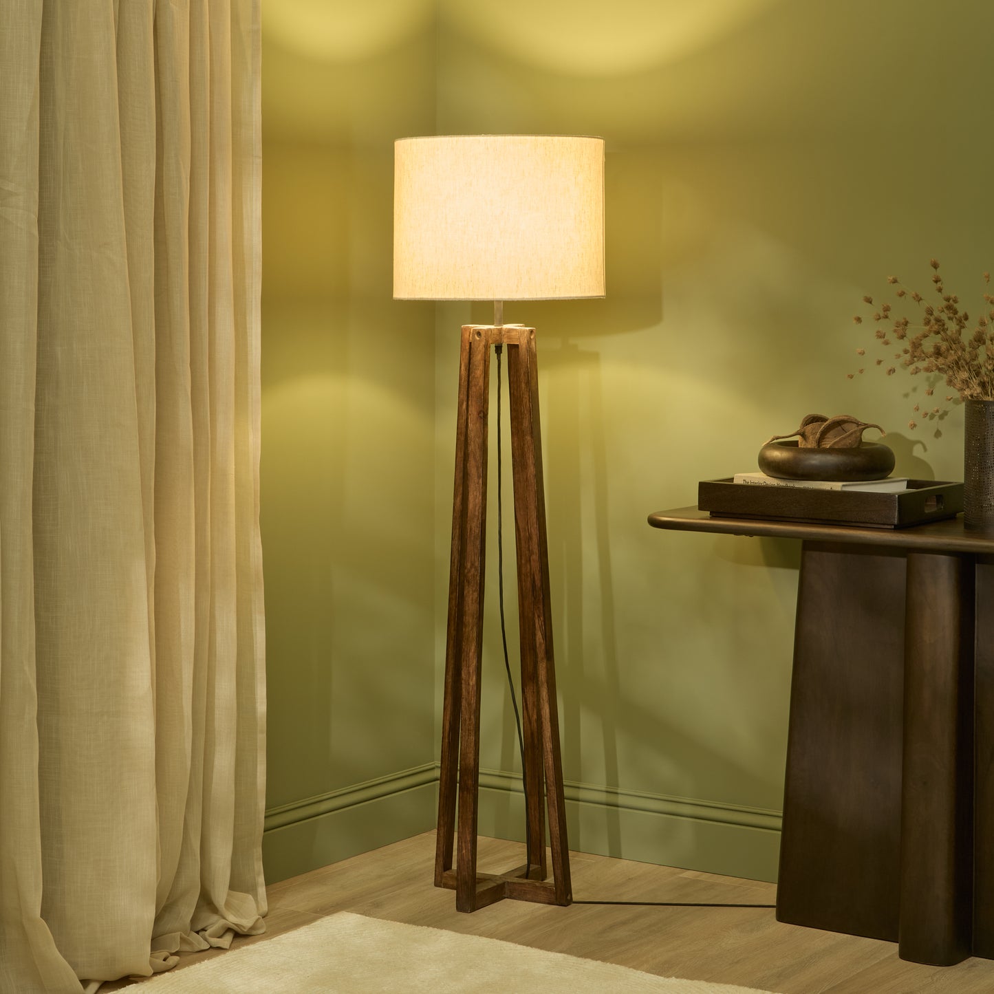 Konduru 150cm Floor Lamp Base - Natural Fabric and Darkened Mango Wood - Laura James 