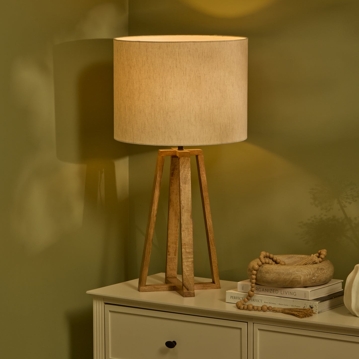 Konduru 70cm Table Lamp - Natural Fabric and Natural Mango Wood - Laura James 