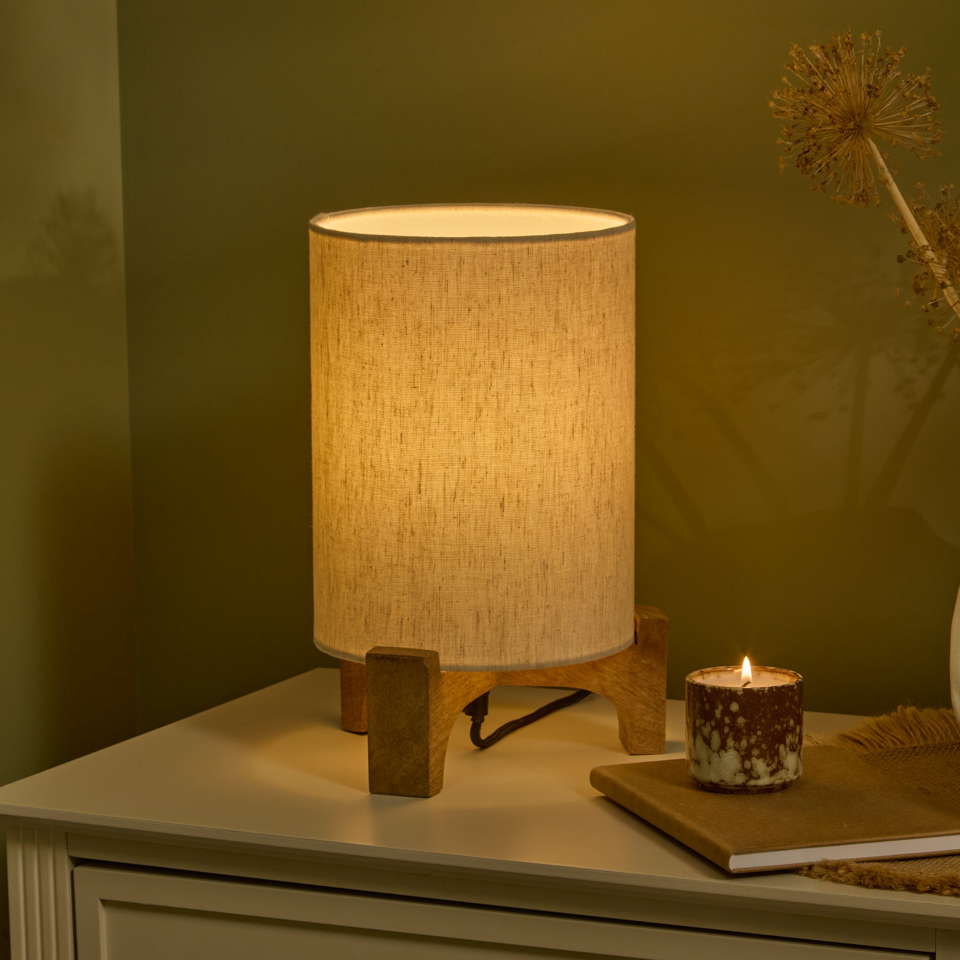 Konduru 30cm Table Lamp - Natural Fabric and Natural Mango Wood - Laura James 