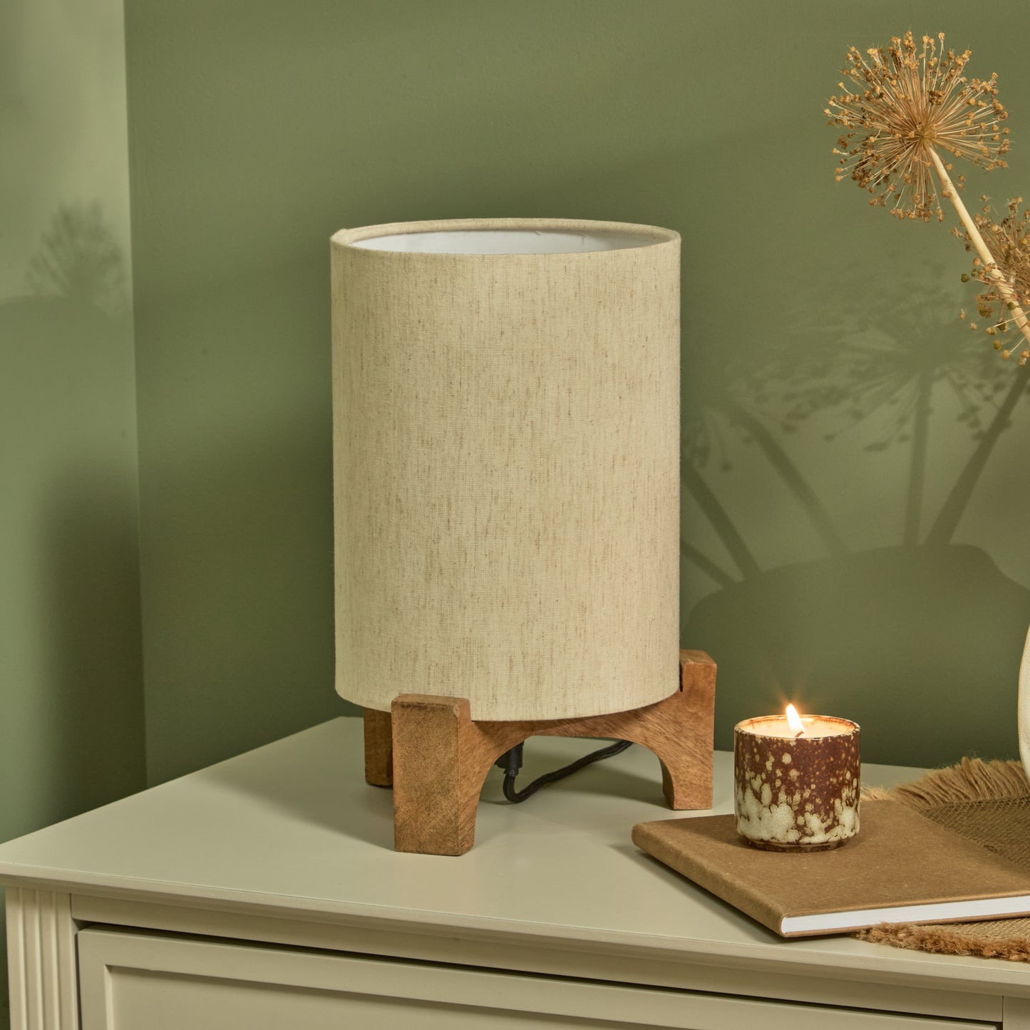 Konduru 30cm Table Lamp - Natural Fabric and Natural Mango Wood - Laura James 