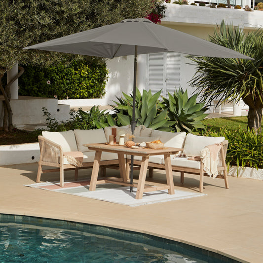 Shiro Rope Wooden Corner Sofa with Shiro Rectangular Dining Table and Grey Parasol - Laura James 