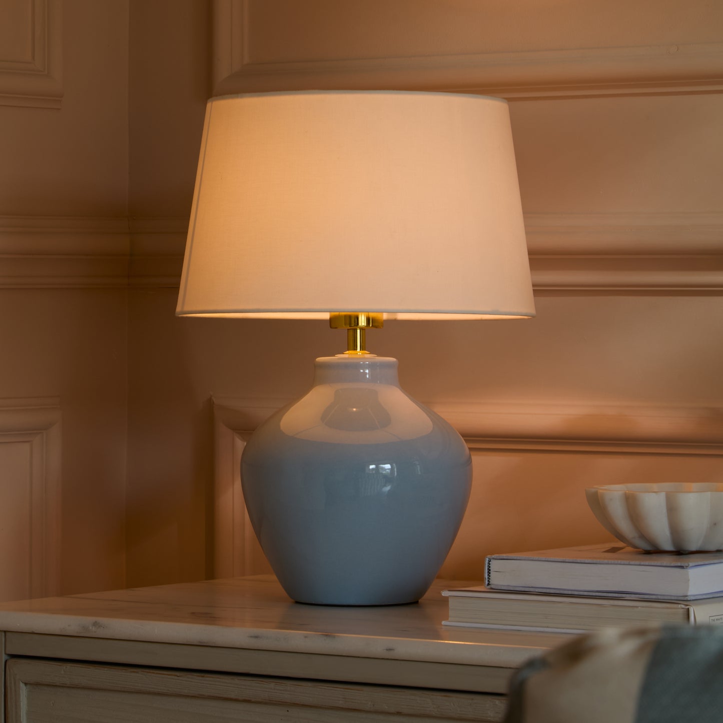 Launton 27cm Ceramic Lamp Base with Coningsby White Shade - 30cm - Laura James 