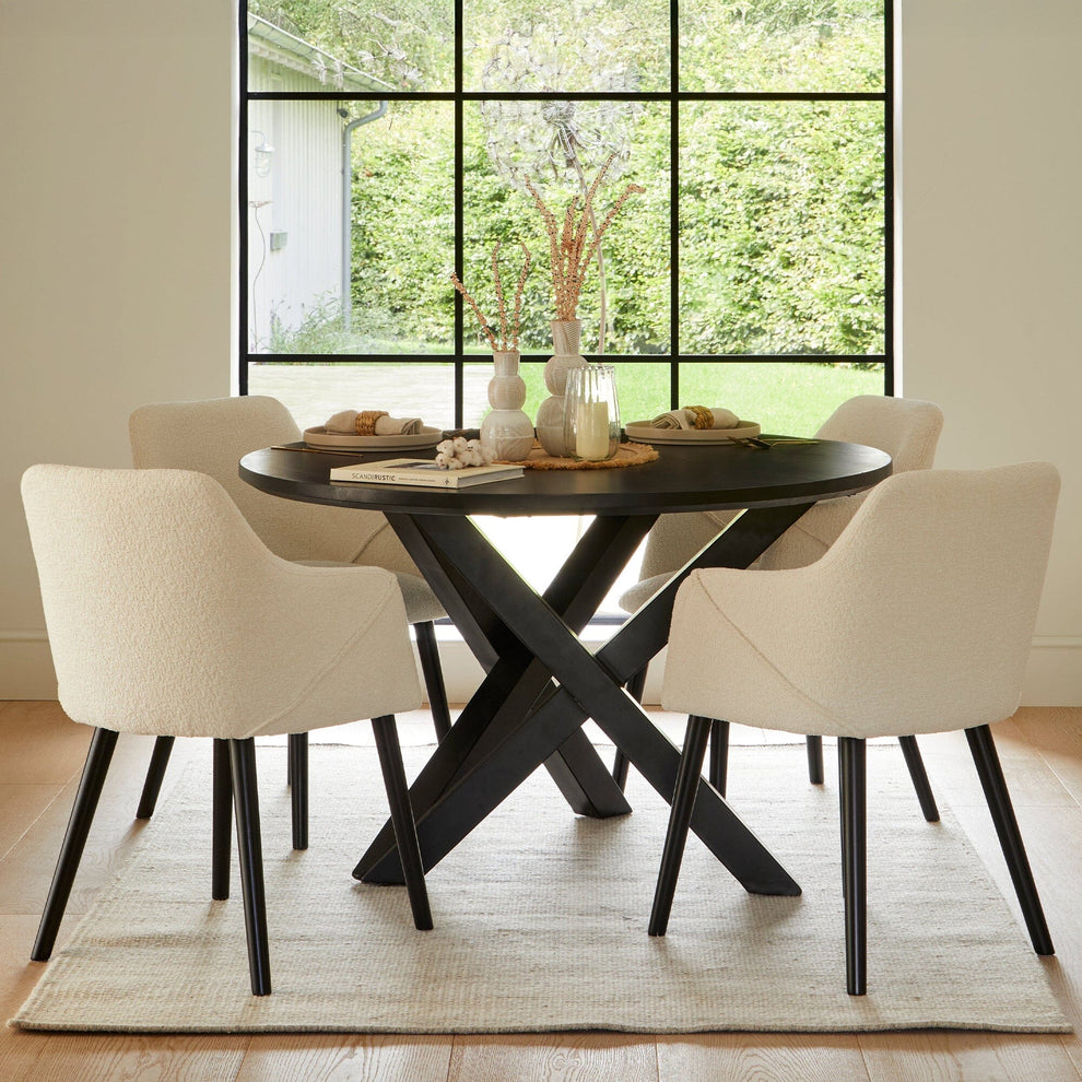 Levi Black Round Dining Table Set - 4 Seater - Freya Boucle Armchairs ...