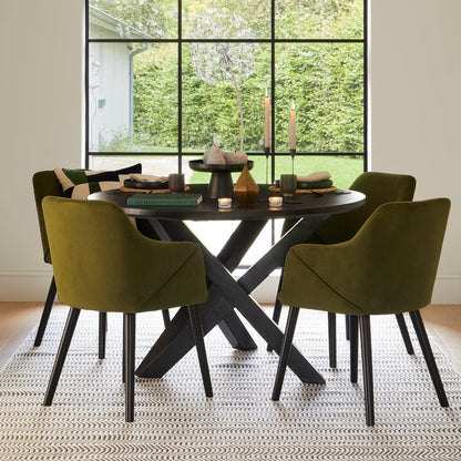 Levi Black Round Dining Table Set - 4 Seater - Freya Green Armchairs with Black Legs - Laura James 