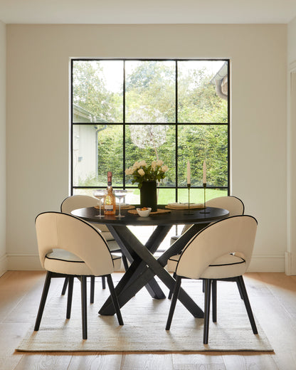 Levi Black Round Dining Table Set - 4 Seater - Marilyn Ivory Dining Chairs with Black Legs - Laura James 