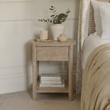Viola 1 Drawer Bedside Table - Travertine Effect & Chalked Mango Wood - Laura James 