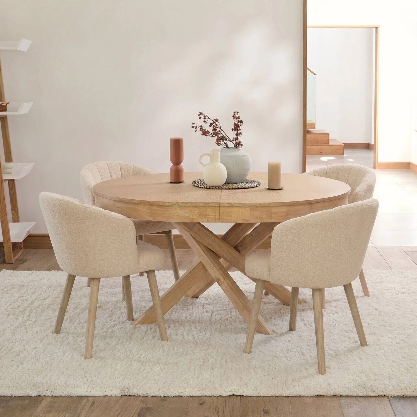 Arabella Light Beige Boucle Dining Chair - Set of 2 - Whitewash Oak Legs - Laura James 