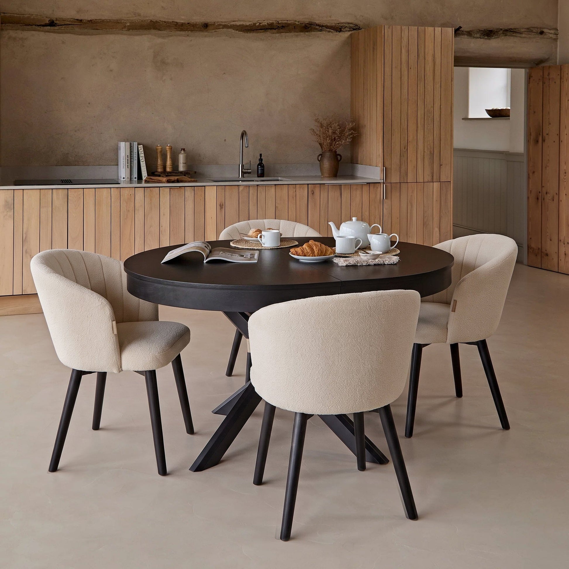 Arabella Light Beige Boucle Dining Chairs - Set of 2 - Black Oak Legs - Laura James 