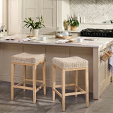 Reid Linen Grey Backless Bar Stools - Set of 2 - Whitewash Mindi Wood Legs - Laura James 