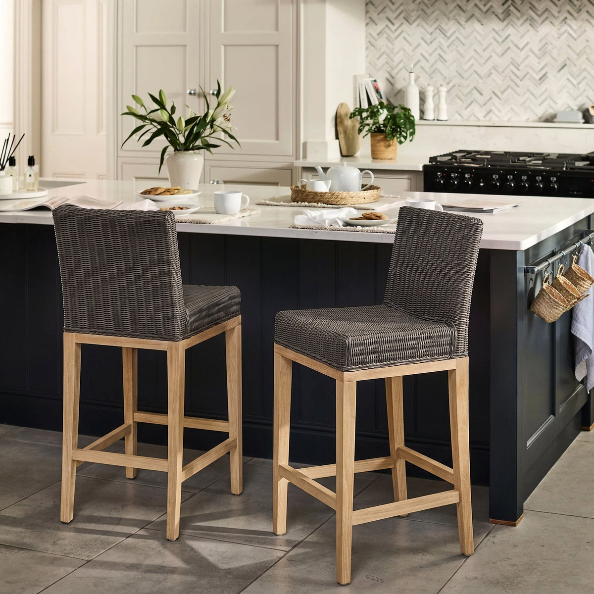 Reid Slate Grey Bar Stools - Set of 2 - Whitewash Mindi Wood Legs - Laura James 