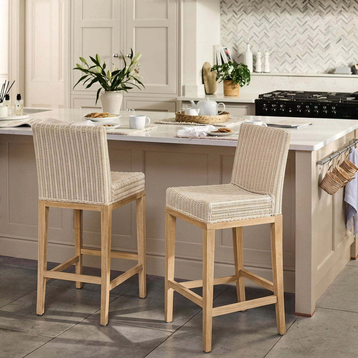 Reid Linen Grey Bar Stools - Set of 2 - Whitewash Mindi Wood Legs - Laura James 