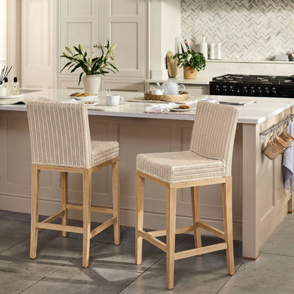 Reid Linen Grey Bar Stools - Set of 2 - Whitewash Mindi Wood Legs - Laura James 
