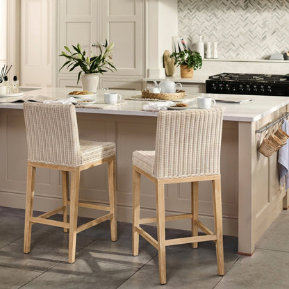Reid Linen Grey Bar Stools - Set of 2 - Whitewash Mindi Wood Legs - Laura James 