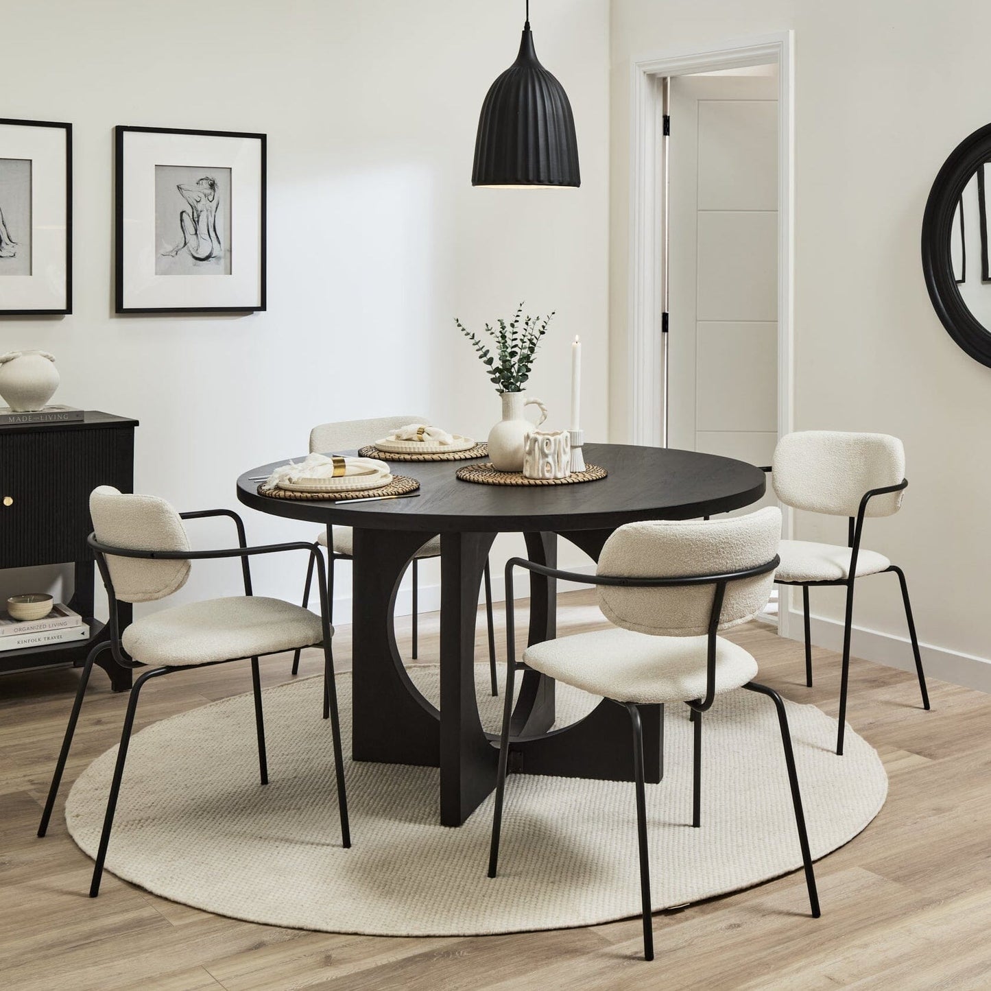 Jade Jet Black Round Acacia Dining Table Set - 4  Seater - Luca Light Beige Dining Chairs - Laura James 