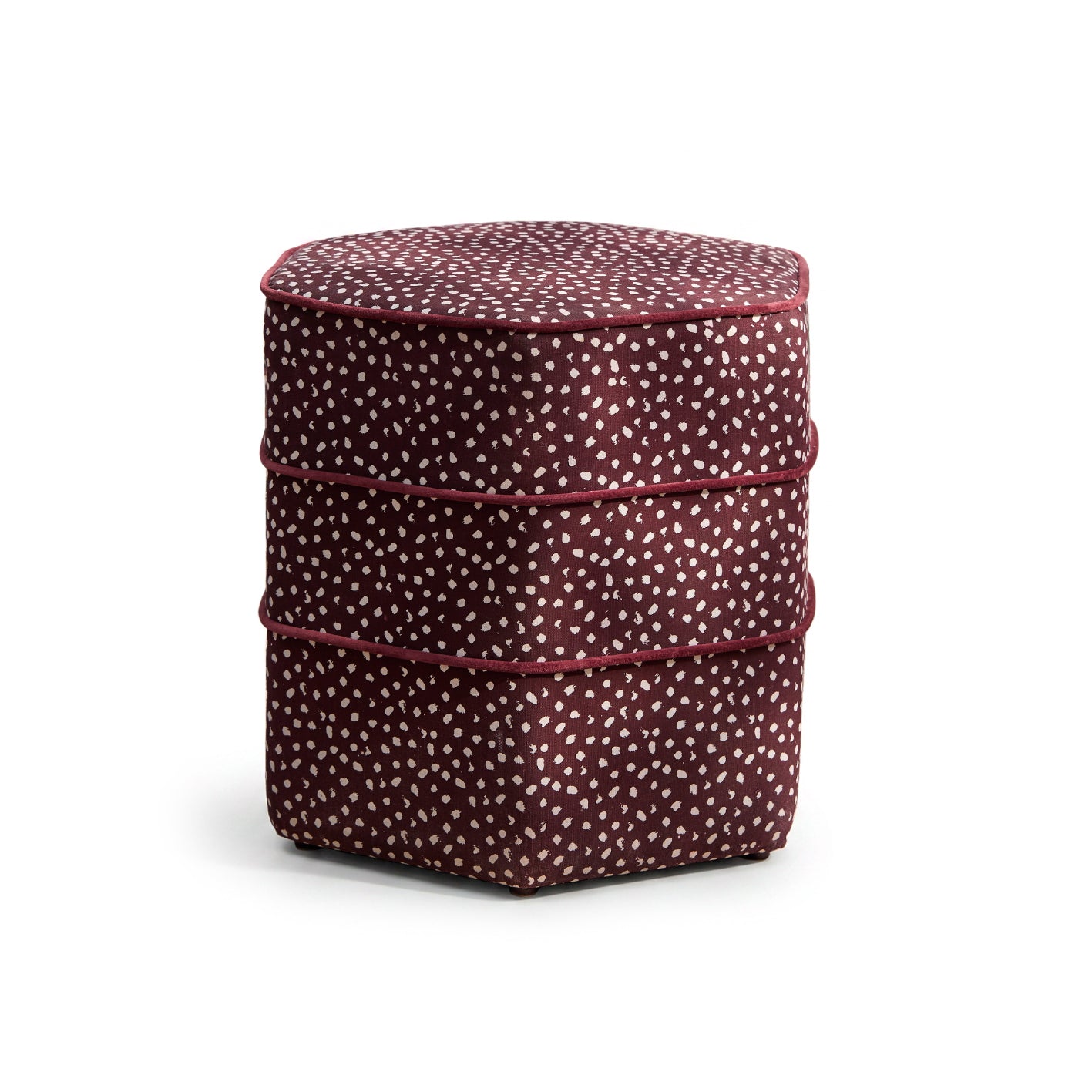 Margot 45cm Hexagon Footstool - Burgundy Spot with Burgundy Velvet Piping - Laura James 