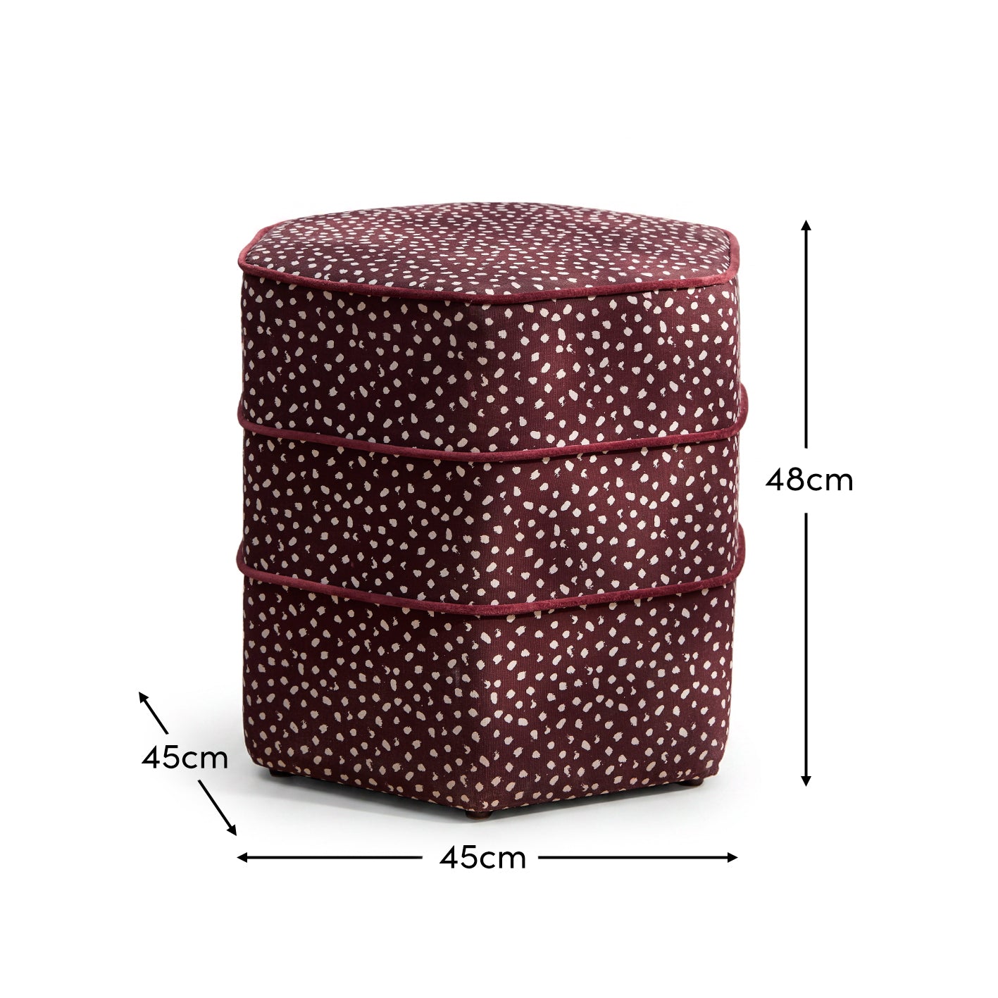 Margot 45cm Hexagon Footstool - Burgundy Spot with Burgundy Velvet Piping - Laura James 