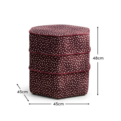Margot 45cm Hexagon Footstool - Burgundy Spot with Burgundy Velvet Piping - Laura James 