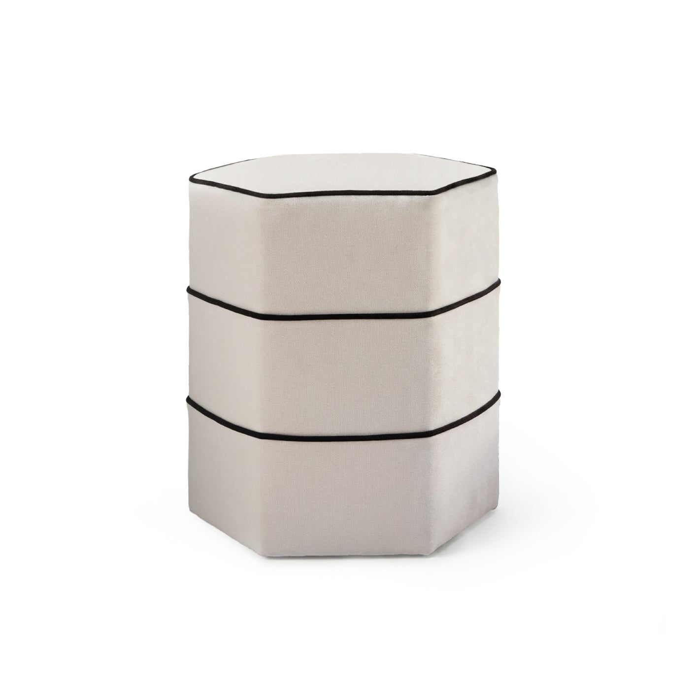 Margot 46cm Hexagon Footstool - Ivory with Jet Black Piping