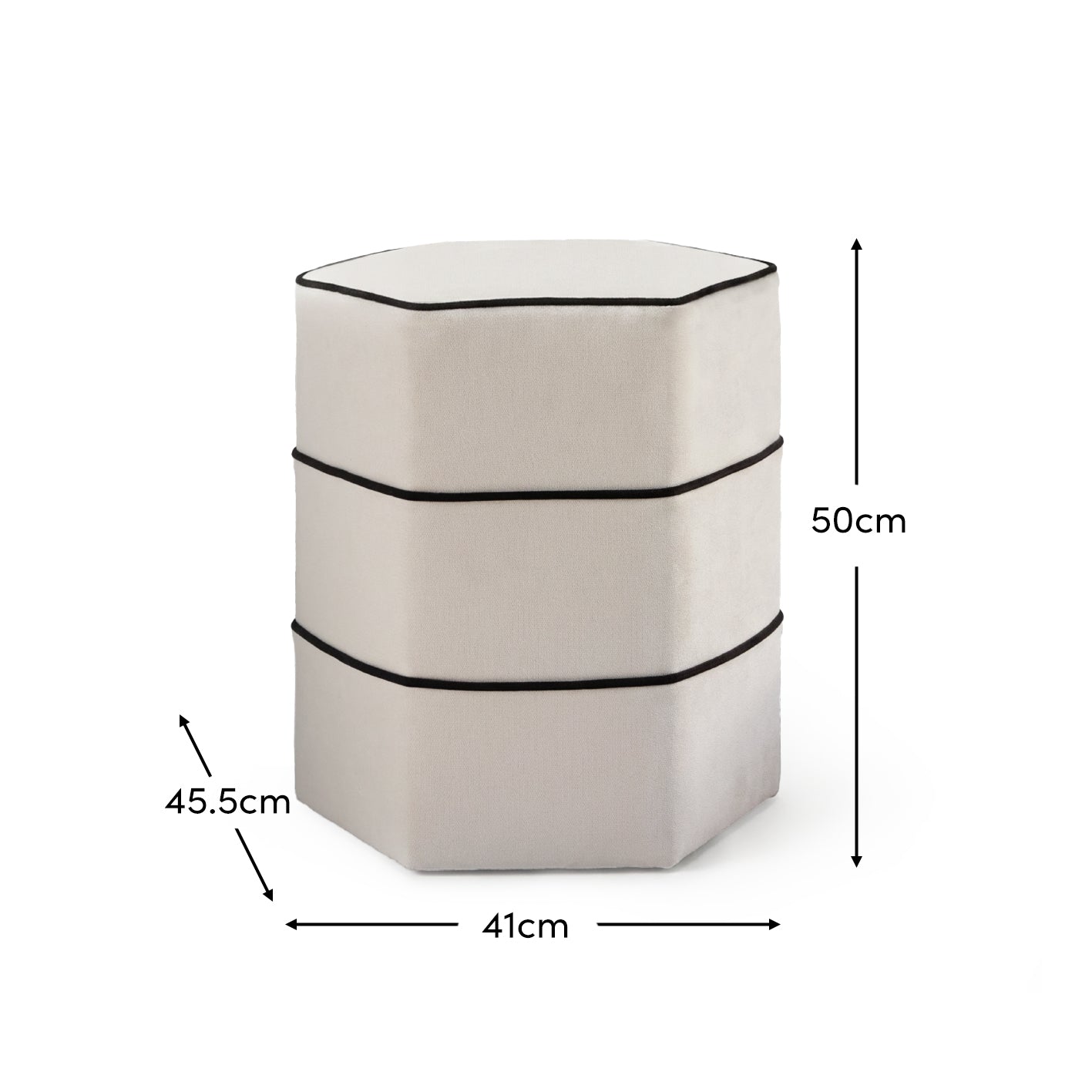 Margot 46cm Hexagon Footstool - Ivory with Jet Black Piping