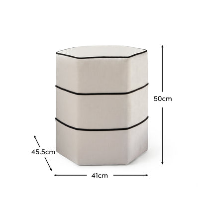 Margot 46cm Hexagon Footstool - Ivory with Jet Black Piping