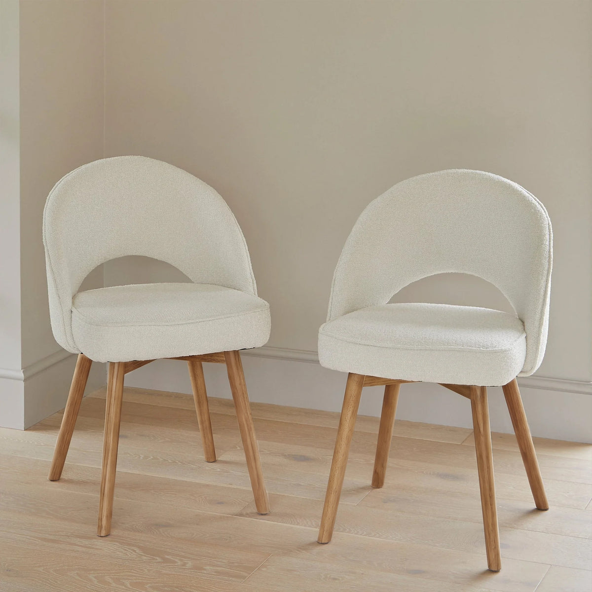Marilyn Light Beige Boucle Dining Chair - Set of 2 - Almond Brown Legs - Laura James 