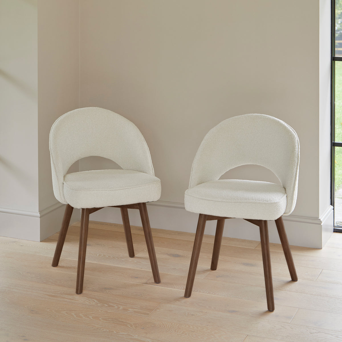 Marilyn Light Beige Boucle Dining Chair - Set of 2 - Coffee Brown Mango Wood Legs - Laura James 
