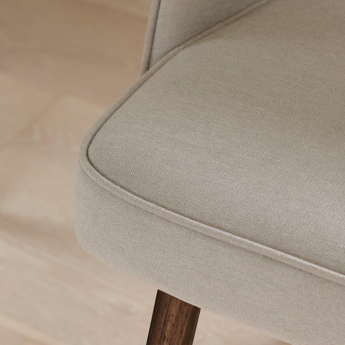 Marilyn Soft Beige Boucle Dining Chair - Set of 2 - Coffee Brown Mango Wood Legs - Laura James 