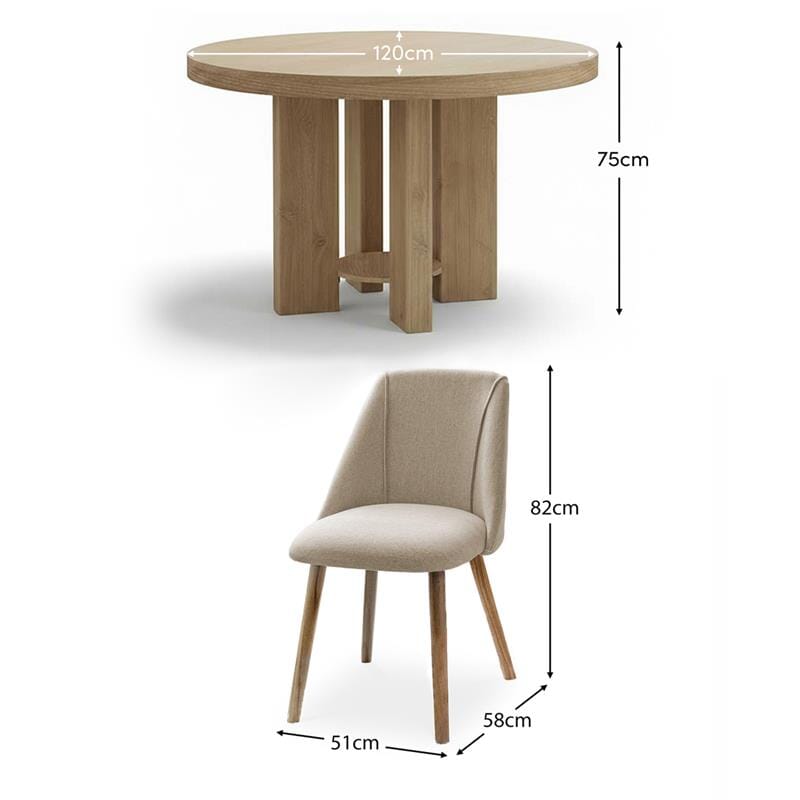Marlon Whitewash Oak Round Dining Table Set - 4 Seater - Freya Sand Dining Chairs -  Whitewash Oak Legs - Laura James