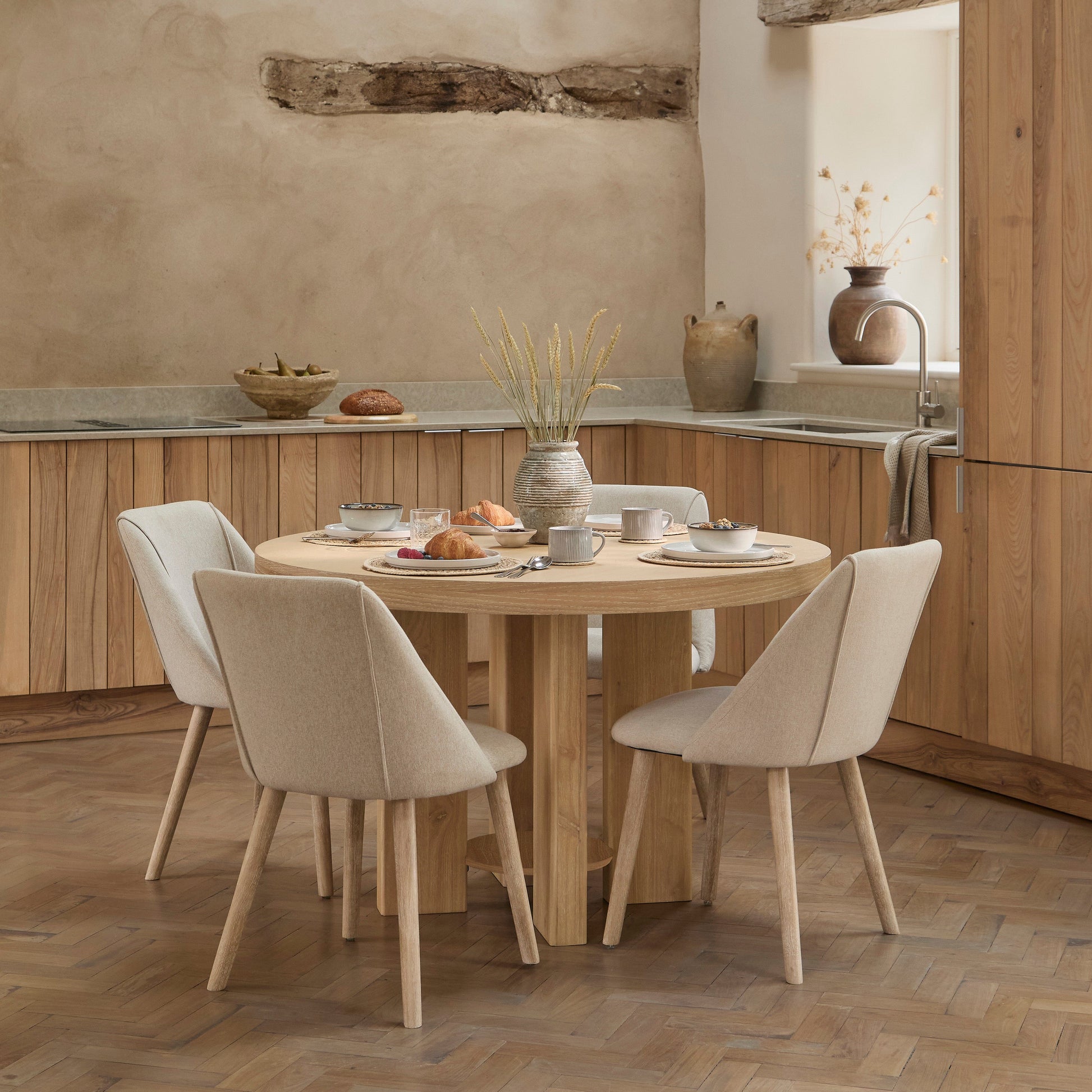 Marlon Whitewash Round Dining Table Set 4 Seater with Freya Sand Dining Chairs - Laura James 