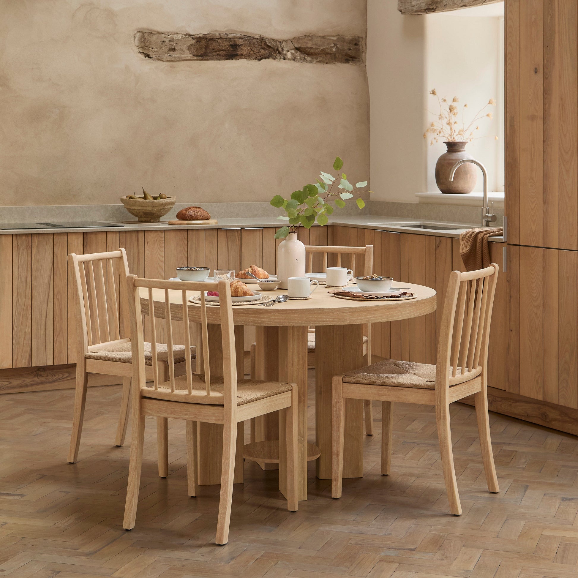 Marlon Whitewash Oak Round Dining Table Set - 4 Seater - Tilly Natural String Dining Chairs - Whitewash Oak Legs - Laura James 