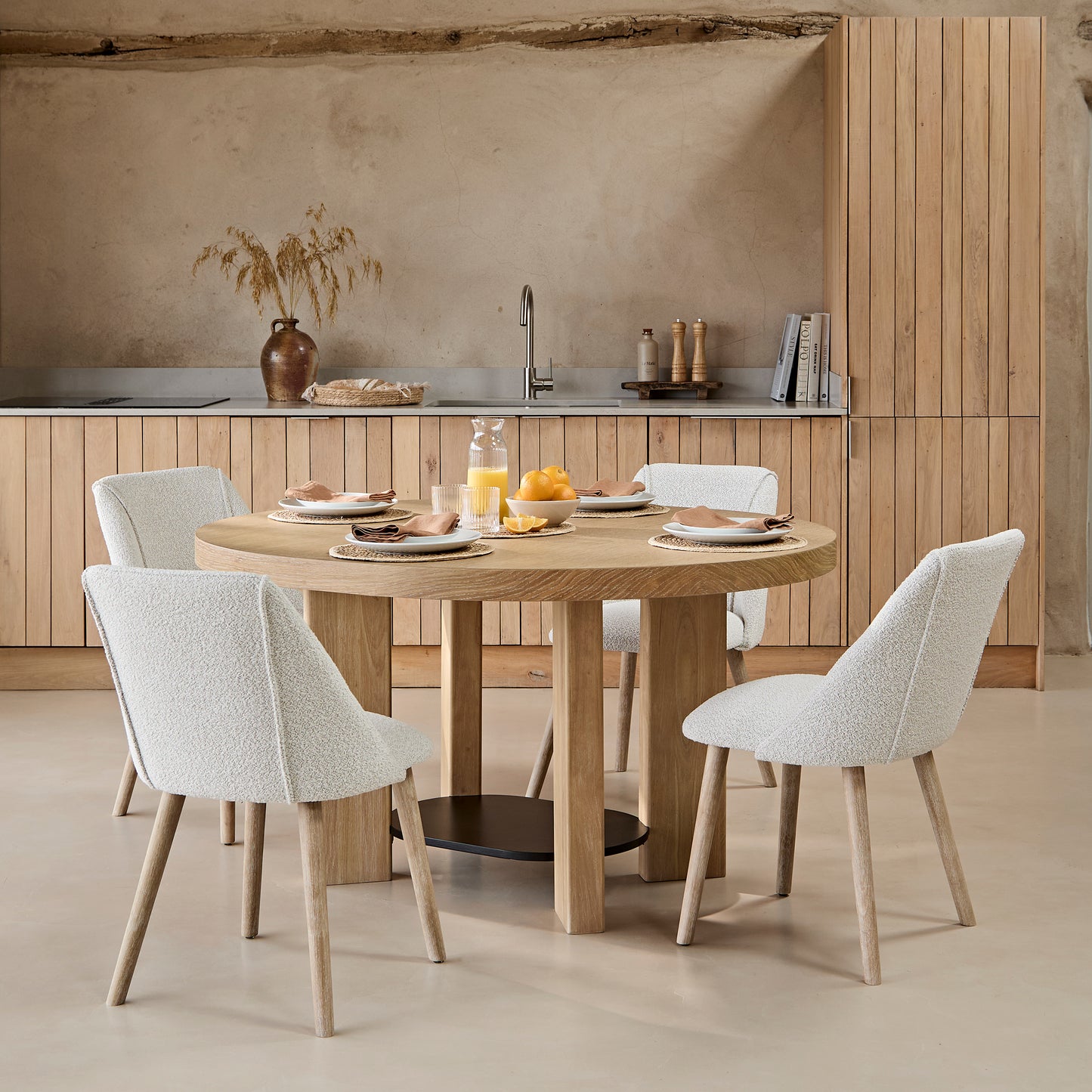 Marlon Whitewash Oak with Black Insert Oval Dining Table Set - 4 Seater - Freya Oat Boucle Dining Chairs - Laura James 