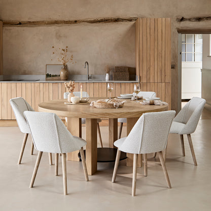 Marlon Whitewash Oak with Black Insert Round Dining Table Set - 6 Seater - Freya Oat Boucle Dining Chairs - Laura James 