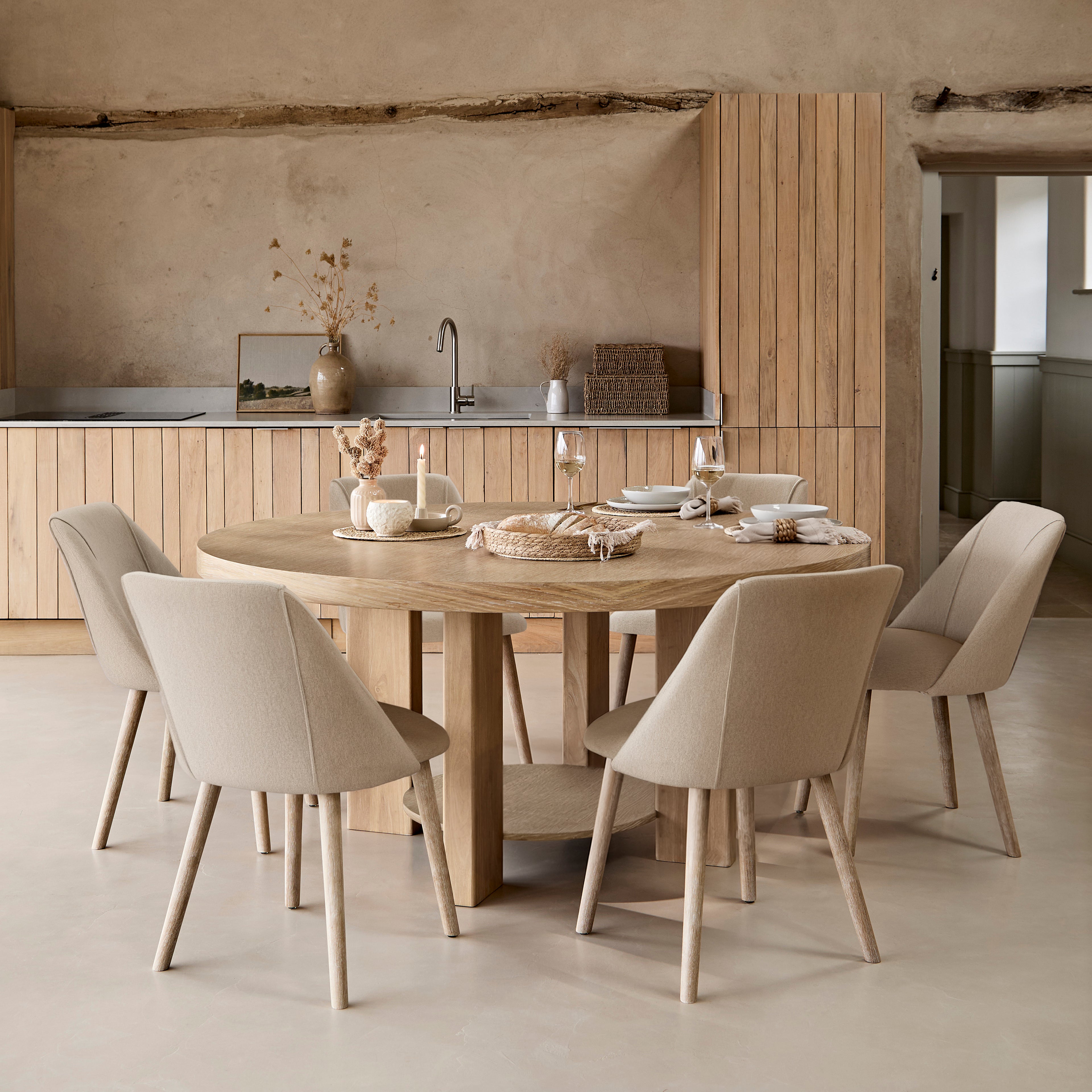Marlon Whitewash Oak Round Dining Table Set - 6 Seater - Freya Sand Dining Chairs - Whitewash Oak Legs - Laura James
