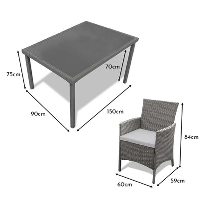 Marston 6 Seater Rattan Outdoor Dining Set with Grey LED Premium Parasol - Rattan Garden Furniture - Grey - Polywood Top