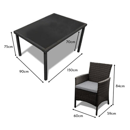 Marston 6 Seater Rattan Outdoor Dining Set with Grey Parasol - Rattan Garden Furniture - Black - Polywood Top