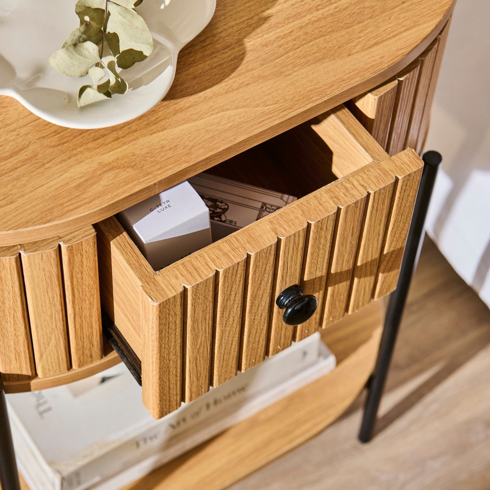 Matius Black Seasoned Oak 1 Drawer Bedside Table - Laura James