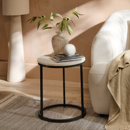 Nara White Marble Round Side Table - Black Frame - Laura James