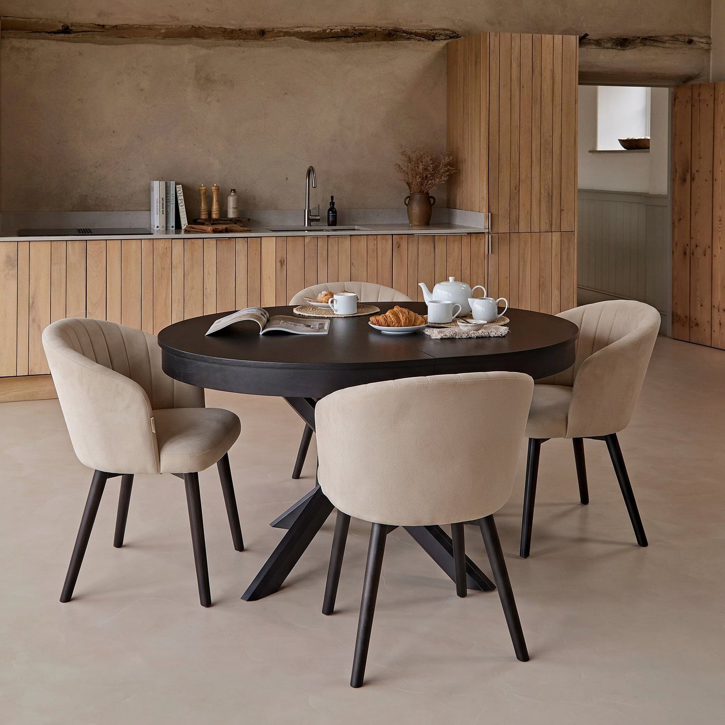 Arabella Natural Beige Dining Chairs - Set of 2 - Black Oak Legs - Laura James 
