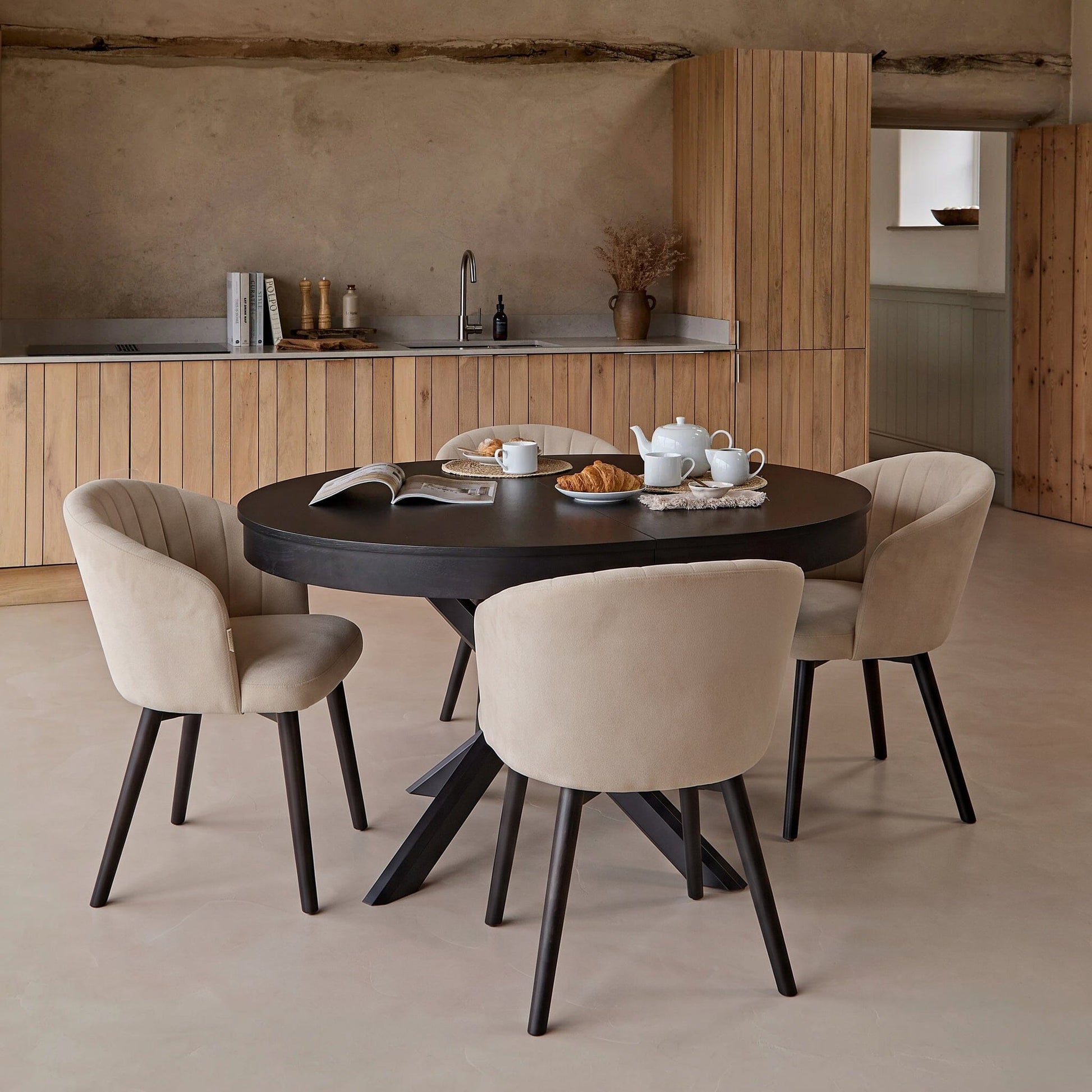 Arabella Natural Beige Dining Chairs - Set of 2 - Black Oak Legs - Laura James 