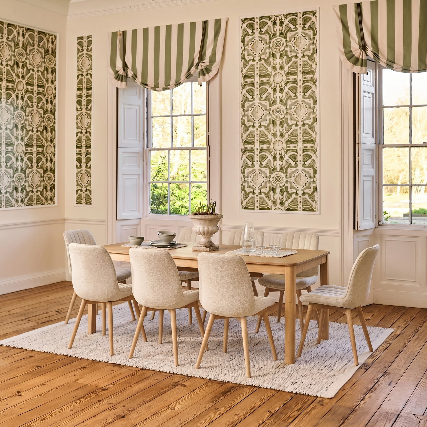 Noah Whitewash Oak Extending Dining Table Set - 8 Seater - Bella Boucle Dining Chairs - Whitewash Legs