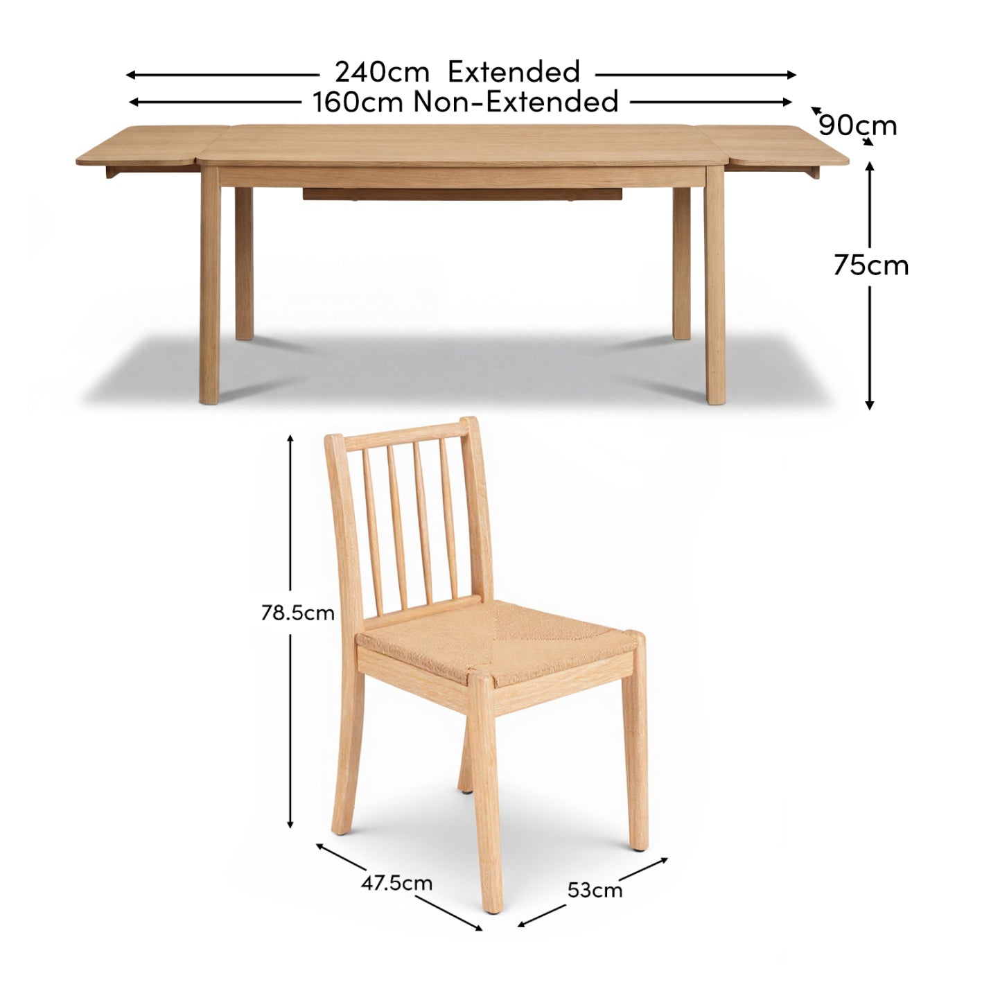 Noah 160-240cm Whitewash Oak Rectangular Extending Dining Table Set - 6 Seater - Tilly Woven Dining Chairs - Laura James 