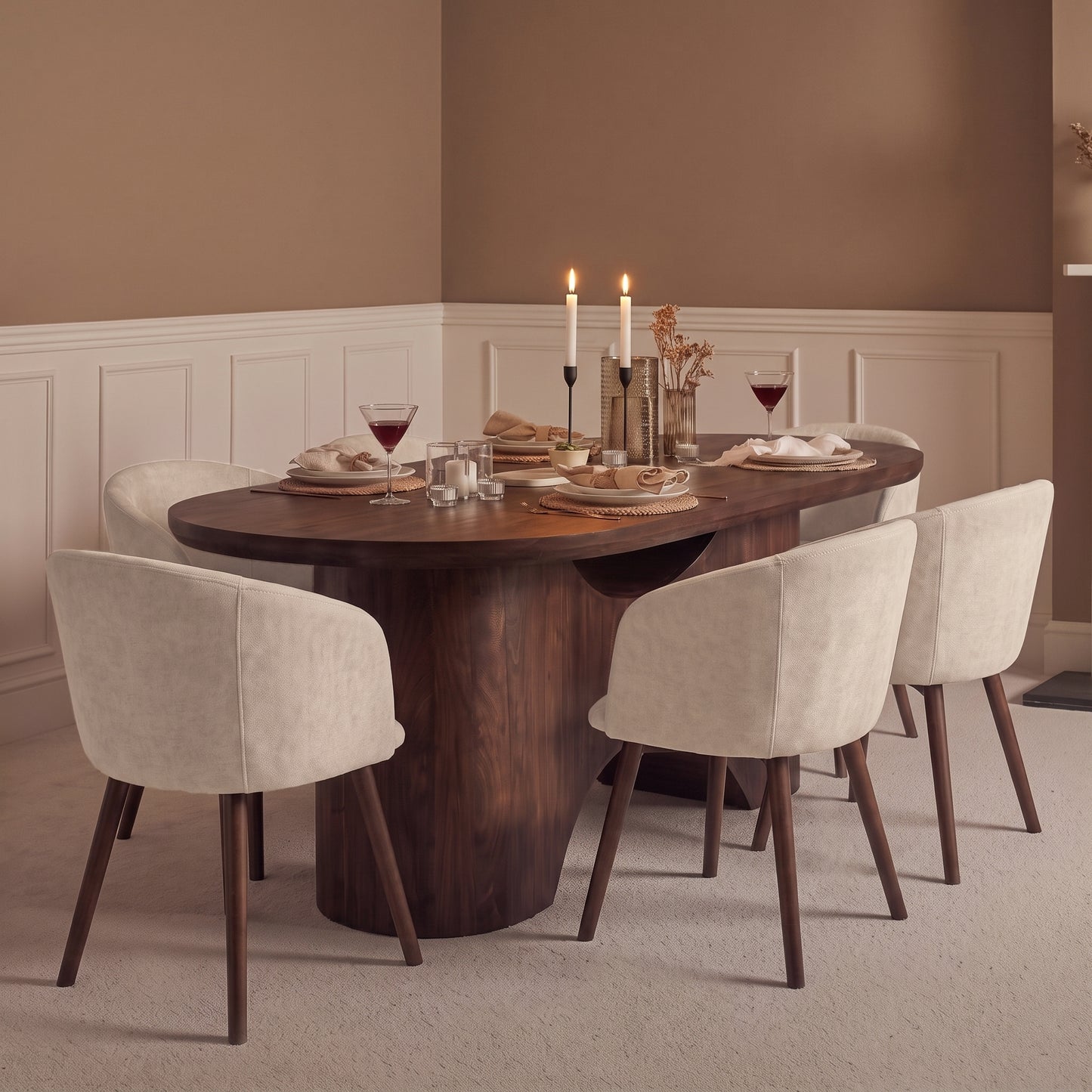Octavia 220cm Coffee Brown Mango Wood Dining Table Set - 6 Seater - Archer Soft Beige Dining Chairs - Coffee Brown Legs