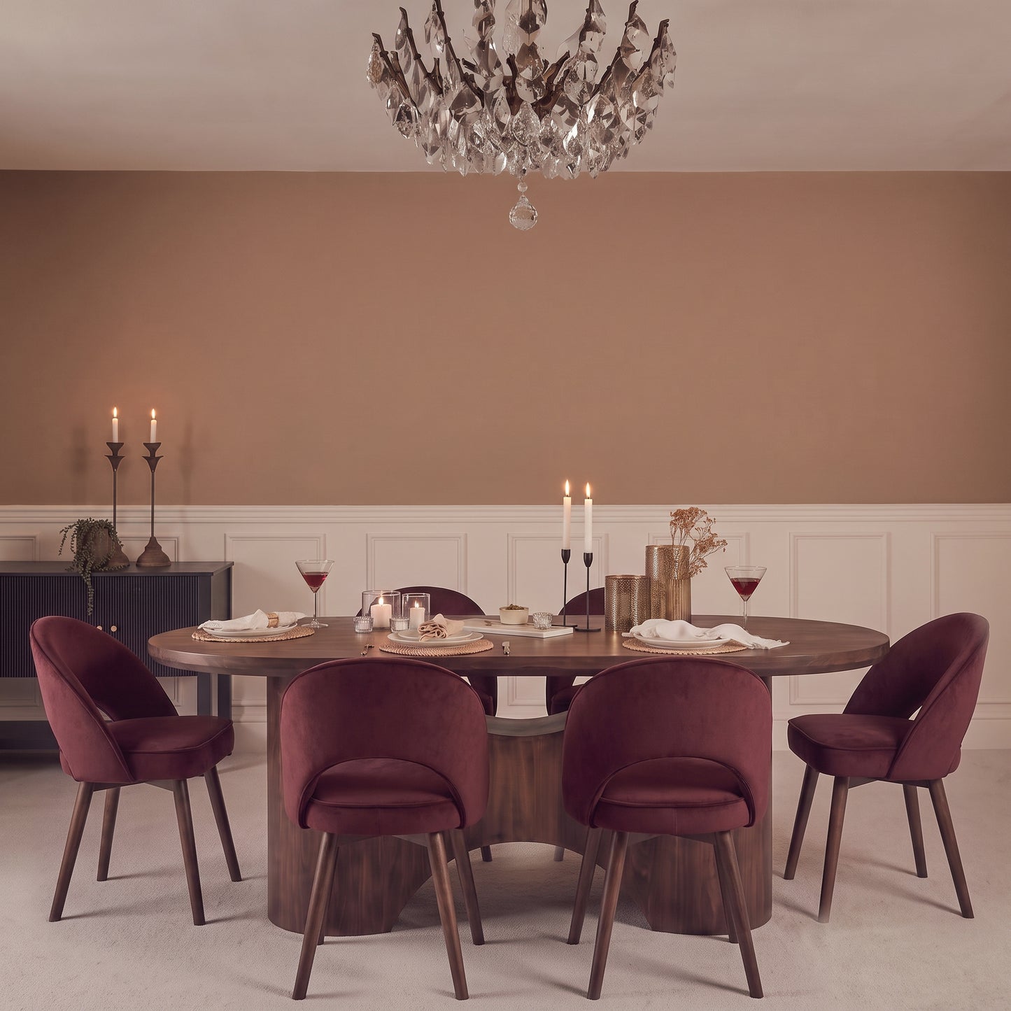 Octavia 220cm Coffee Brown Mango Wood Dining Table Set - 6 Seater - Marilyn Burgundy Red Dining Chairs - Coffee Brown Legs - Laura James 