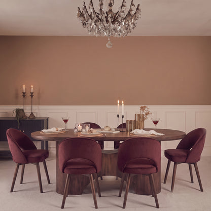 Octavia 220cm Coffee Brown Mango Wood Dining Table Set - 6 Seater - Marilyn Burgundy Red Dining Chairs - Coffee Brown Legs - Laura James 